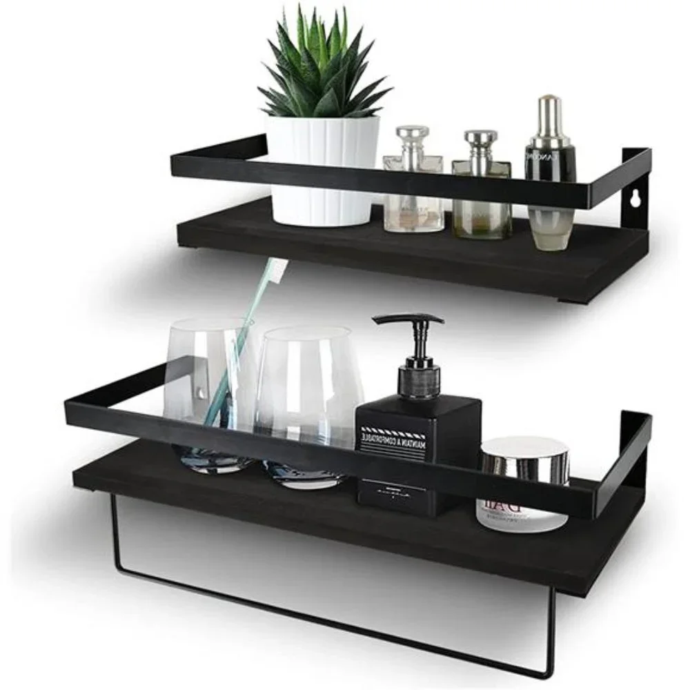 Bathroom Storage Shelf Wall Mounted Set of 2 with Removable Towel Bar (Black)